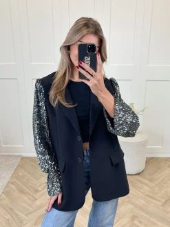 Blazer met pailletten mouwen zilver