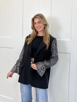 Blazer met pailletten mouwen zilver