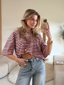 Hannah strepen tshirt roze/bruin