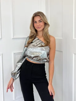 Metallic one sleeve top zilver