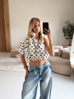 Polkadots top one sleeve top wit