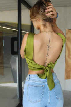 Satin wrap top Jill olive green