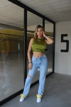 Satin wrap top Jill olive green