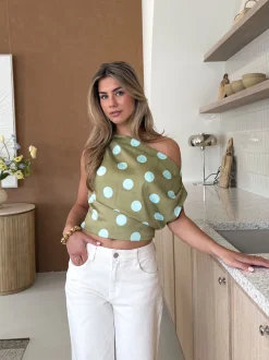 Stippen top off shoulder Polka groen