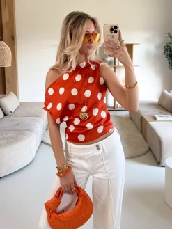 Stippen top off shoulder Polka oranje