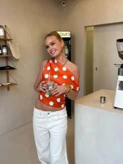 Stippen top off shoulder Polka oranje