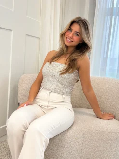 Strapless glitter top beige