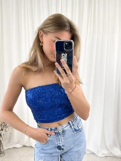 Strapless glitter top blauw