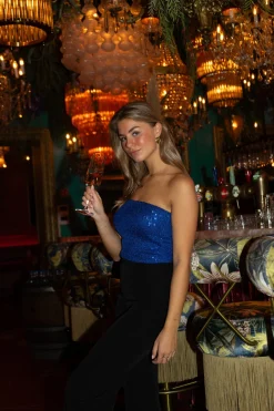 Strapless glitter top blauw
